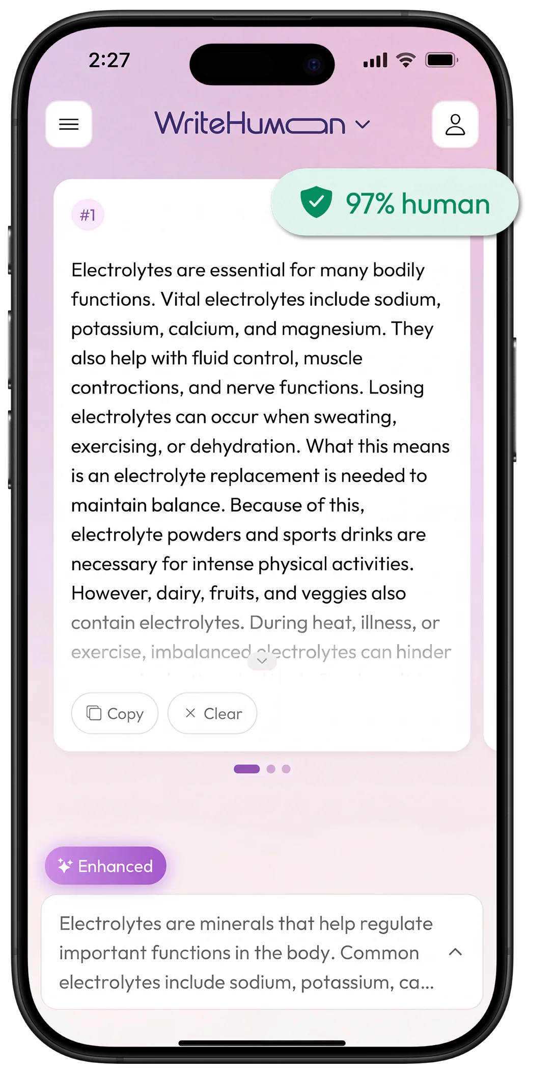 WriteHuman app on iPhone displaying humanized text scored 97% human