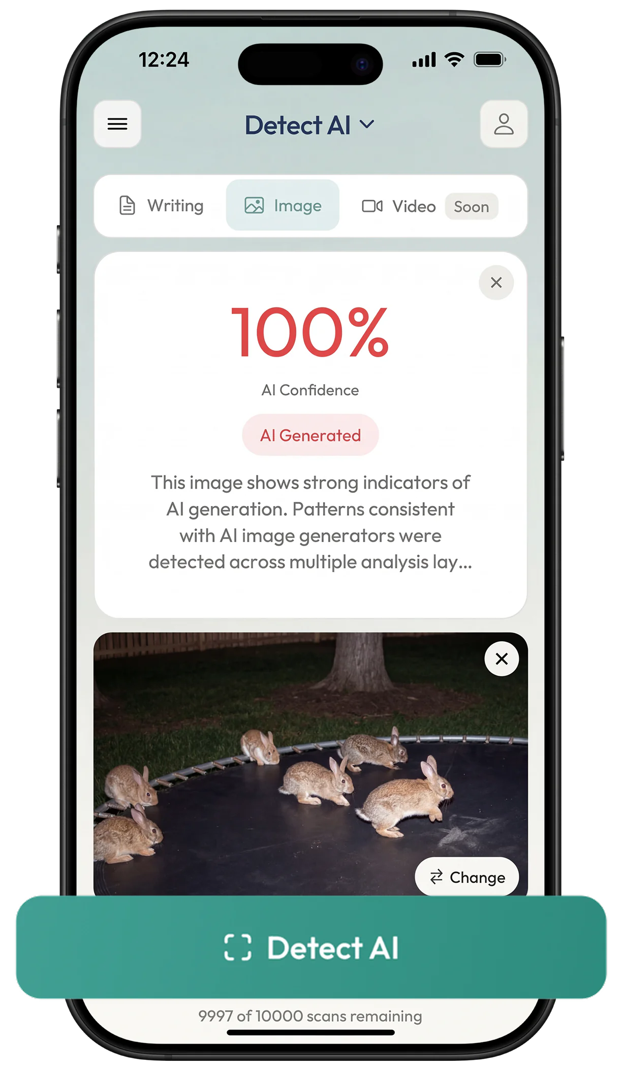 WriteHuman app on iPhone showing AI image detection with a 100% AI confidence result