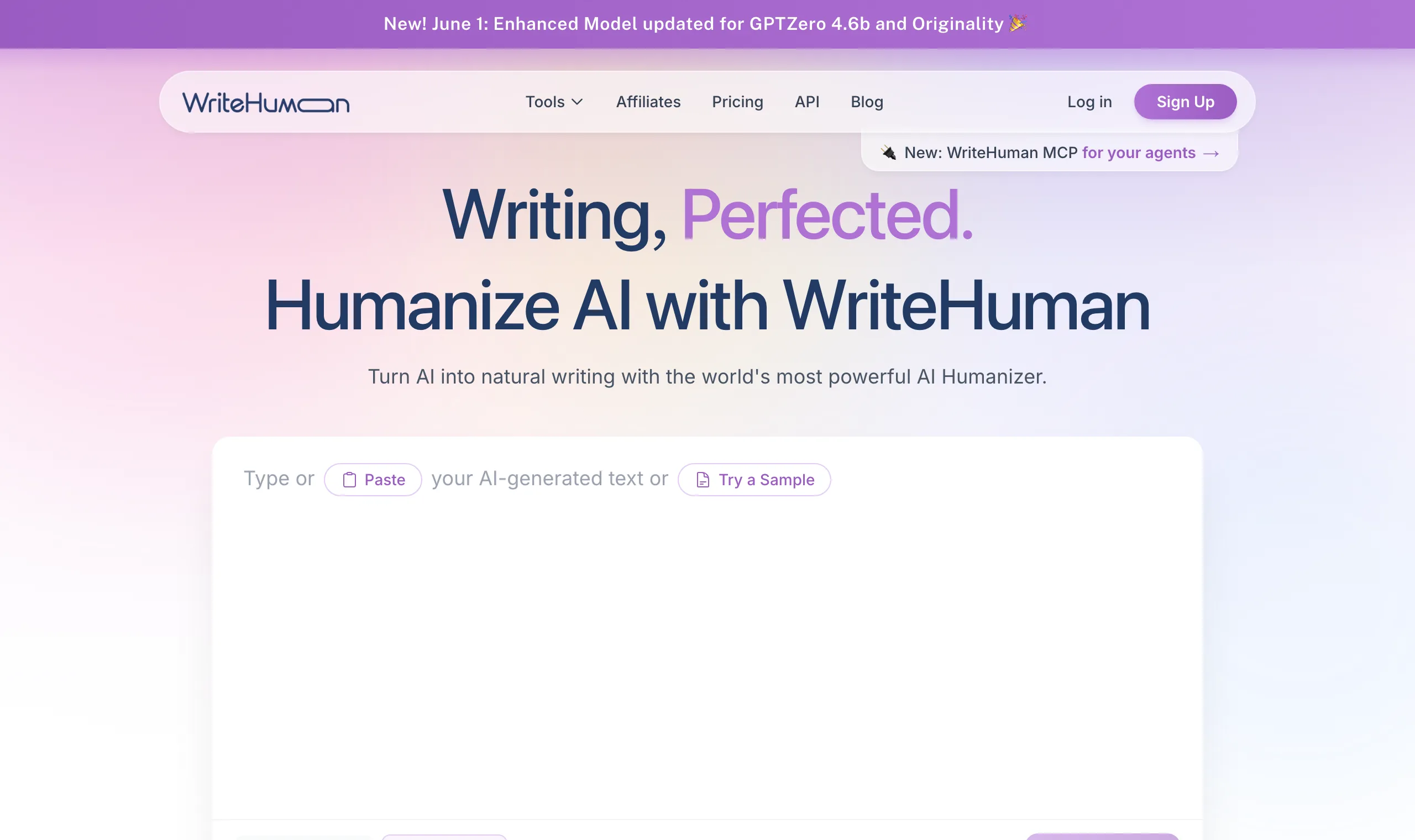 The WriteHuman homepage and humanizer