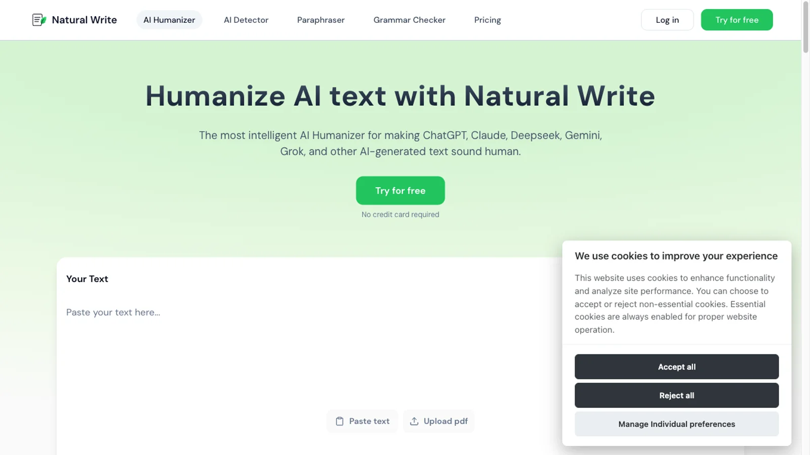 Natural Write homepage showing the AI humanizer text input and Try for free CTA