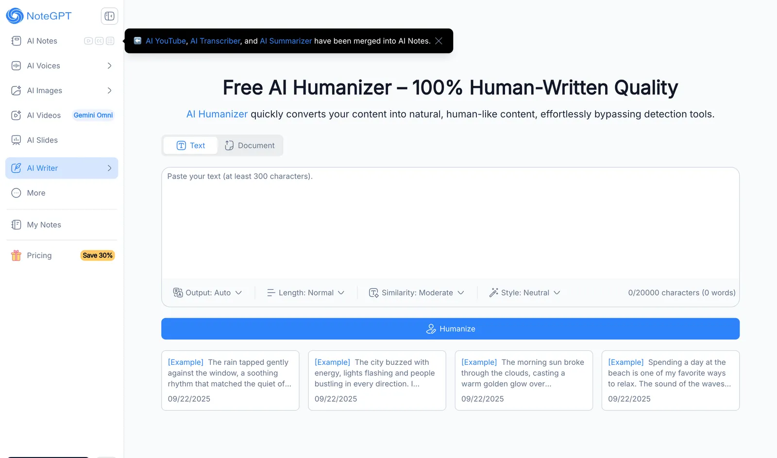 NoteGPT's AI humanizer tool in June 2026.