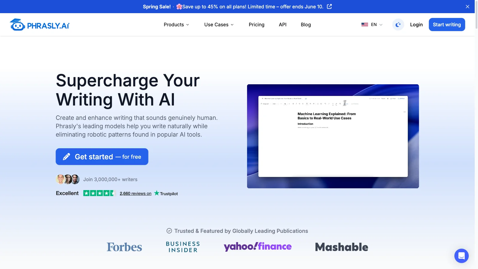 Phrasly AI homepage hero with the Spring Sale banner.