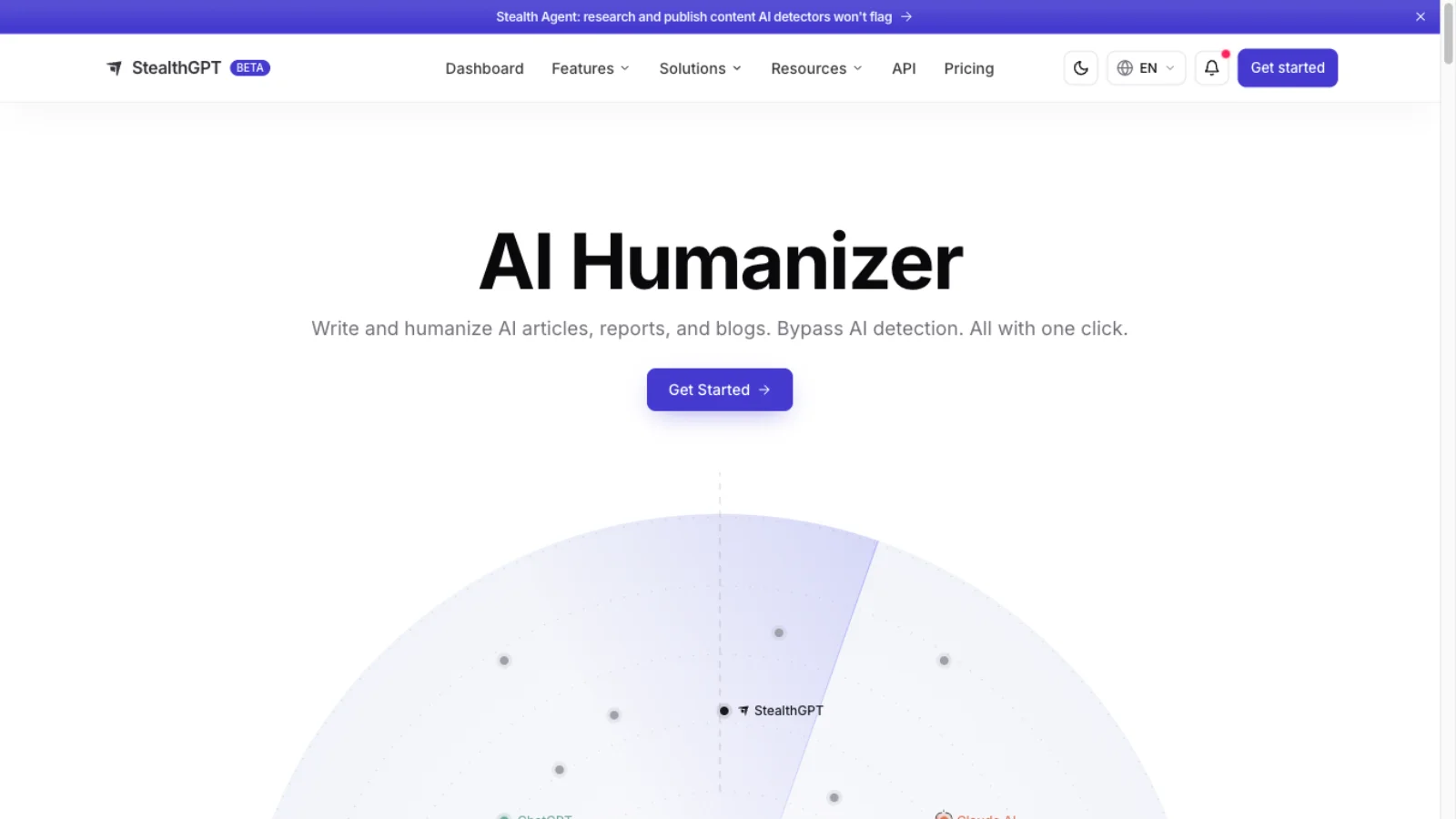 StealthGPT homepage showing the AI Humanizer hero and Get Started CTA, captured May 2026.