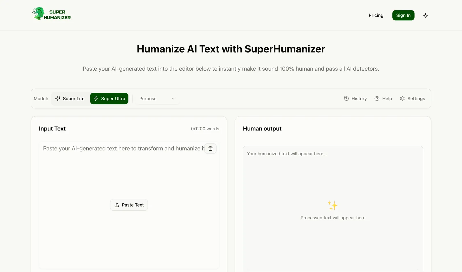 SuperHumanizer homepage and humanizer tool in June 2026.