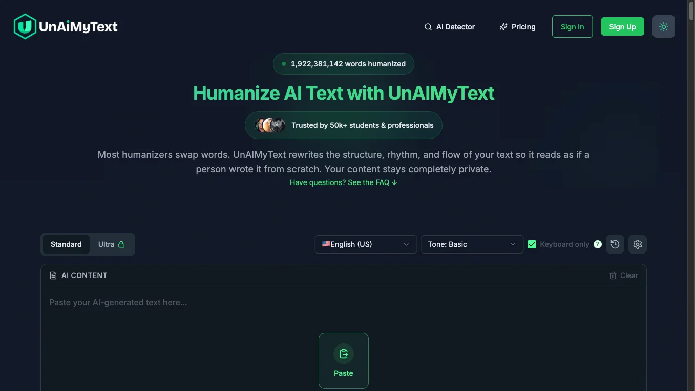 UnAIMyText homepage showing the AI humanizer interface