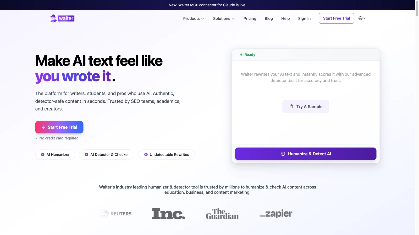 Walter Writes AI homepage in May 2026 with the Make AI text feel like you wrote it hero and Start Free Trial CTA.