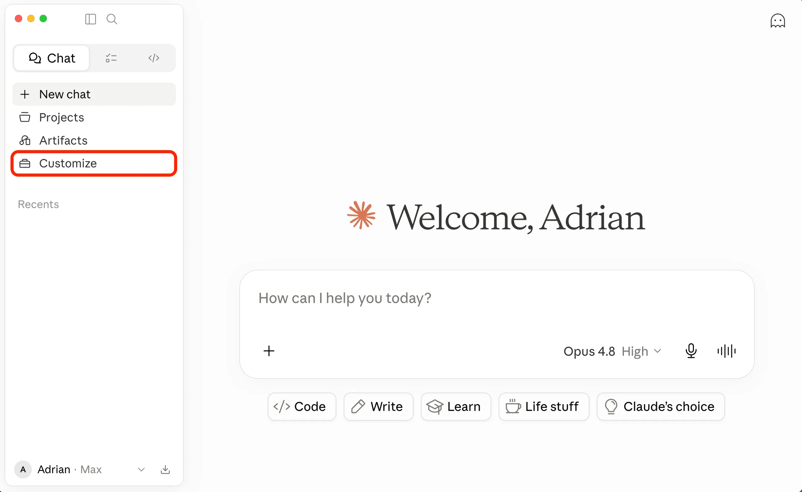 Claude Desktop home screen with Customize highlighted in the left sidebar